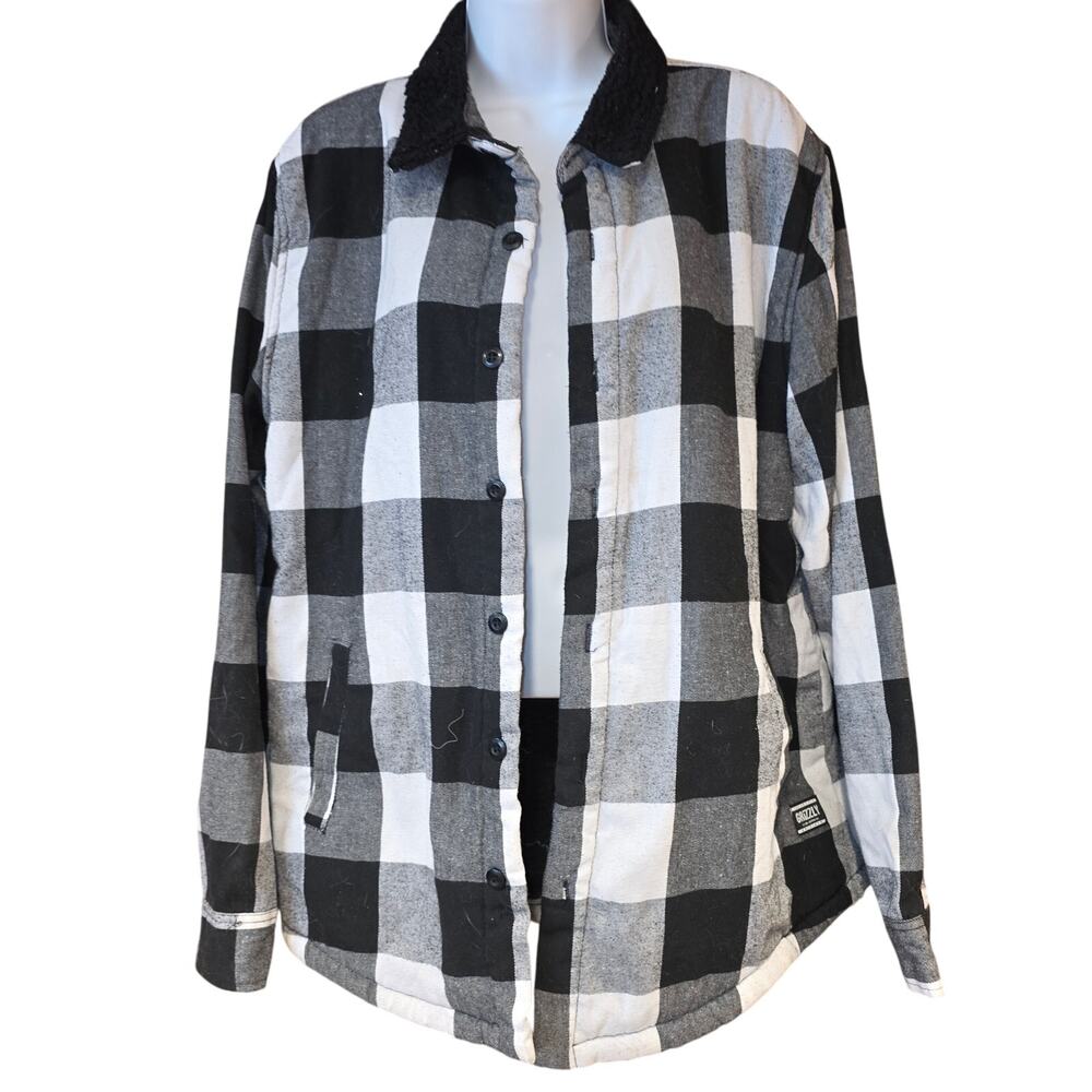 Grizzley checkered plaid sherpa fleece lined button‎ up, jacket sz L mens